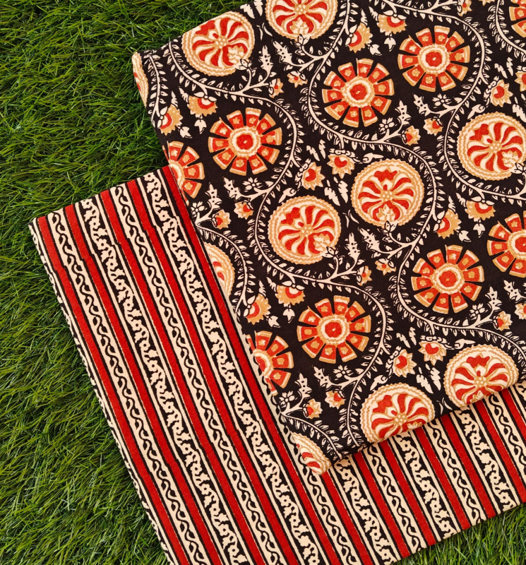 Black & Crimson Red 'Floral Medallion & Wavy Stripe' Hand-Block Bagru Print Cotton (60/60) Cambric Suit Set – Top 2.50 MTR + Bottom 2.50 MTR