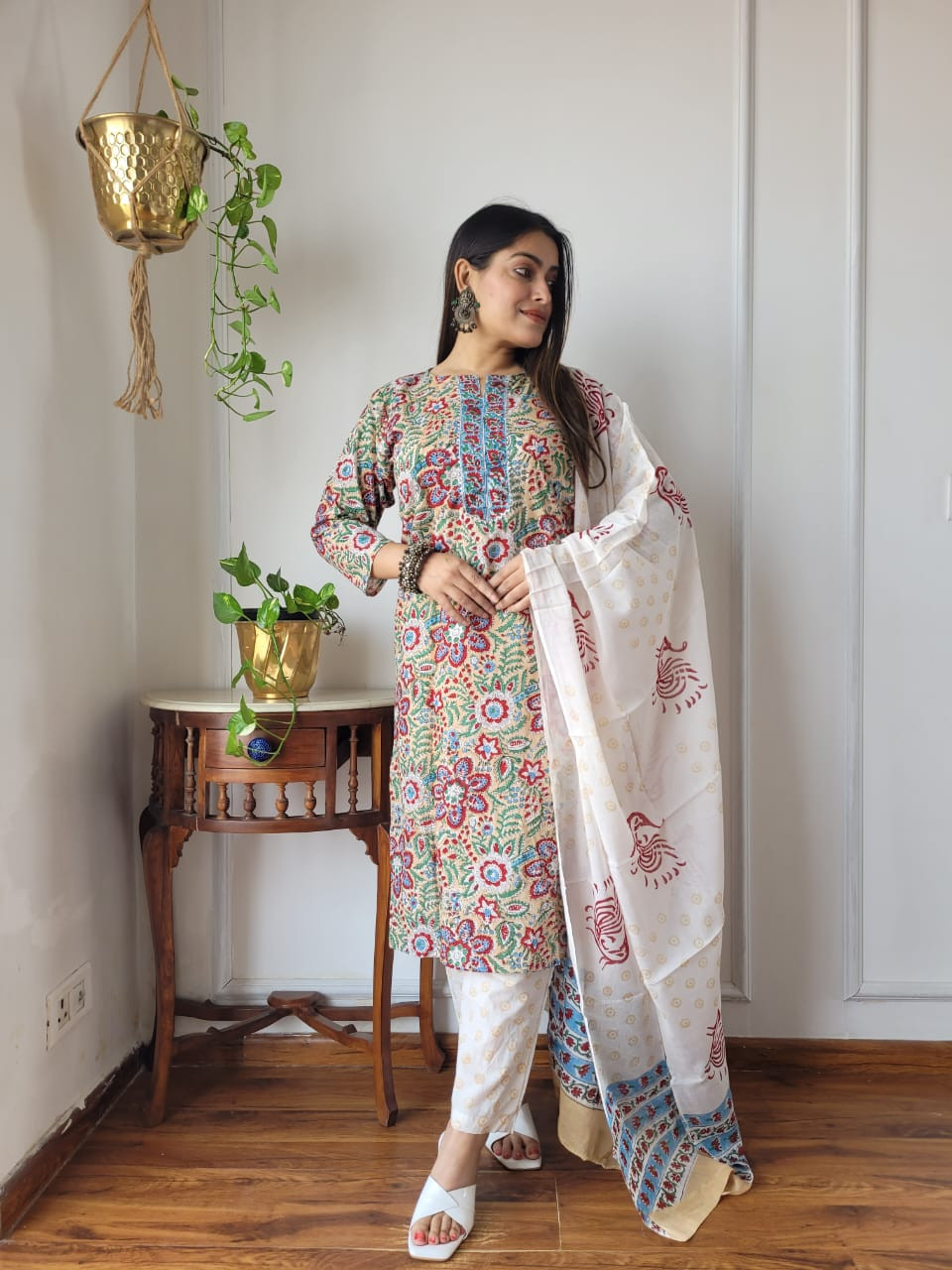 black and white (or off-white) geometric and paisley hand block printed cotton kurta, pants, and dupatta suit set