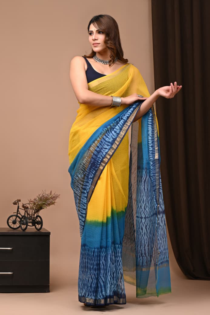 Yellow & Blue Kota Doria Saree Handmade Dabu/Bagru Hand Block Printed