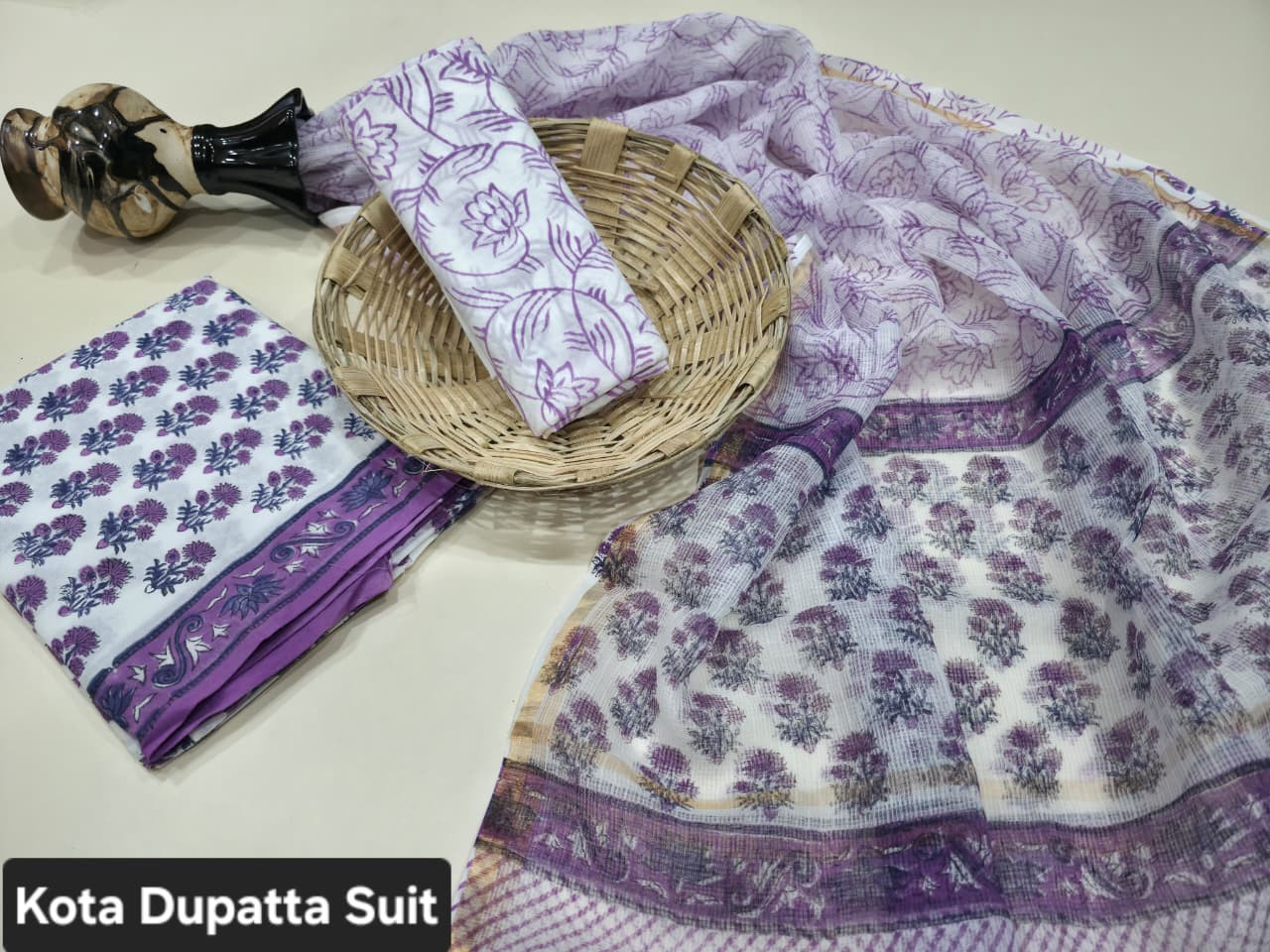 Purple/Lavender and White Floral Hand Block Print Cotton Suit with Kota Doria Dupatta.