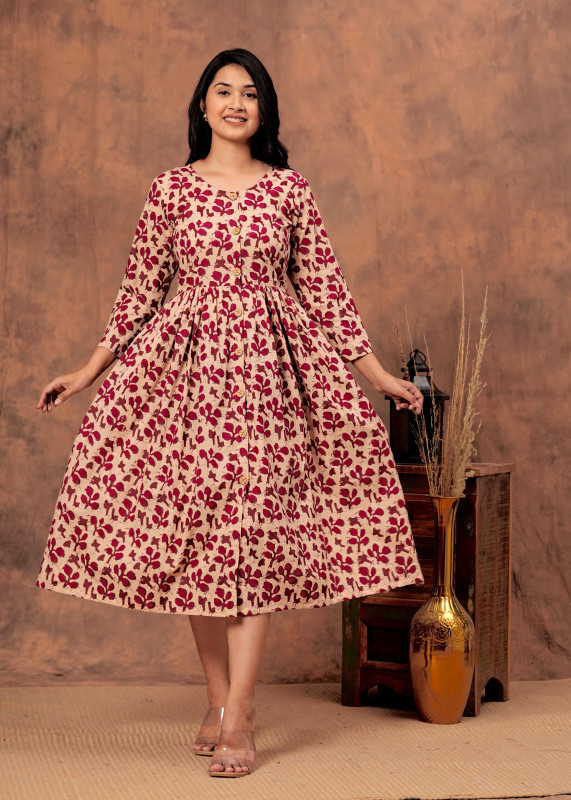 White & rose The Earth Bloom  one piece dress Handblock Printed Cotton Flared Dress in Beige & Maroon