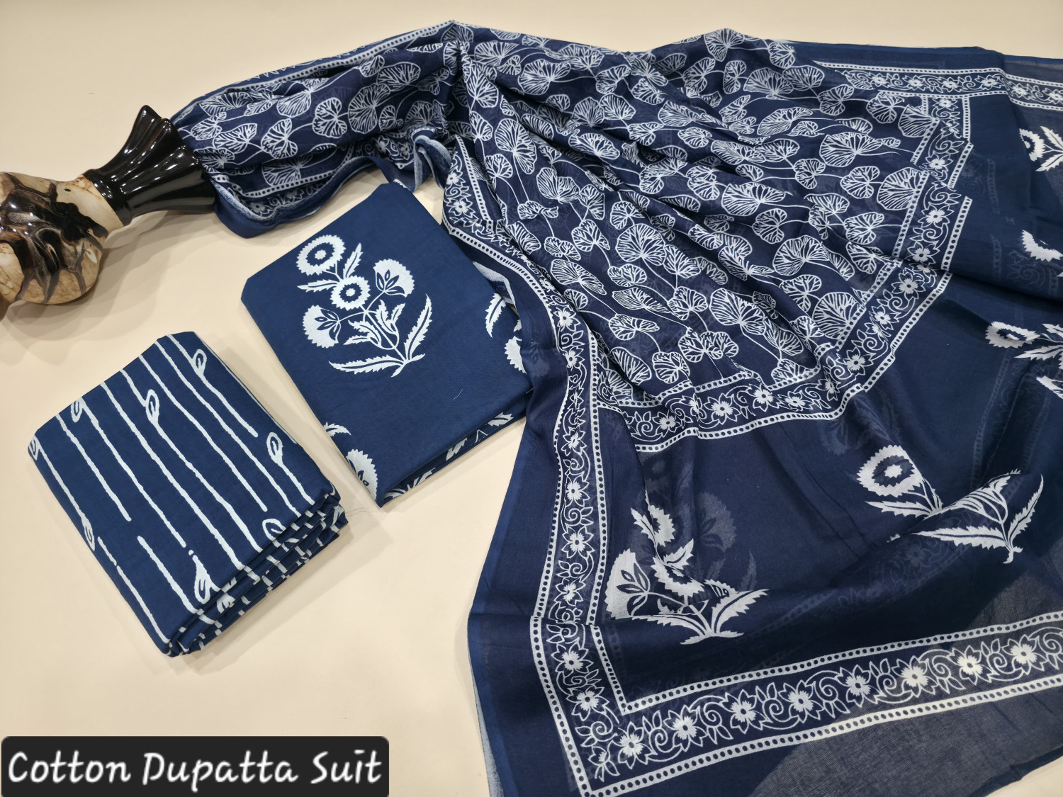 indigo blue and white dabu hand block print cotton dupatta suit.