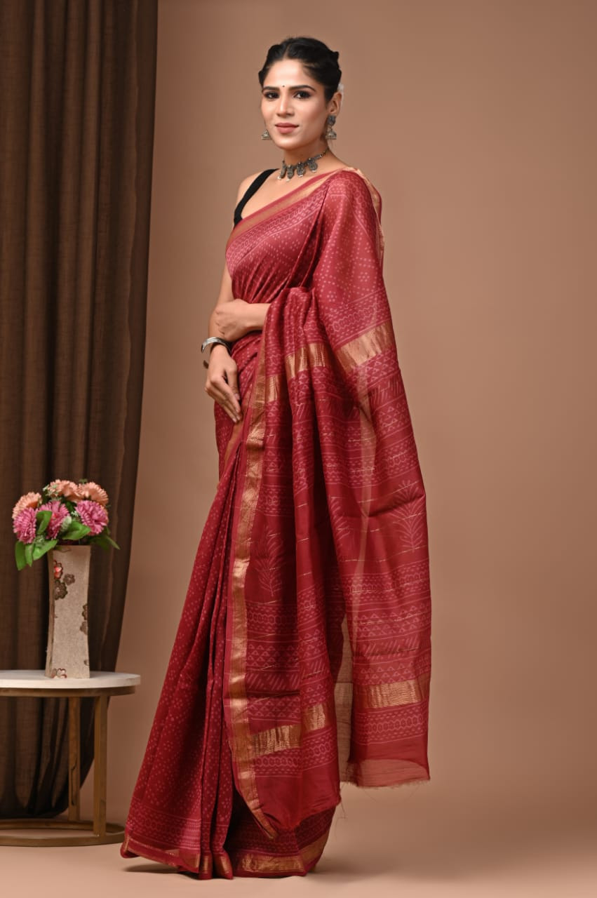 Maroon Hand Block Printed Maheshwari Silk Saree