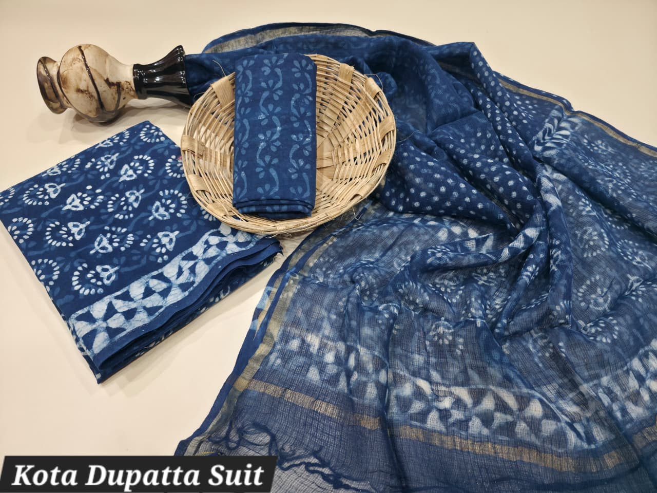 Indigo Dabu Hand Block Print Cotton Suit with a sheer Kota Doria Dupatta.