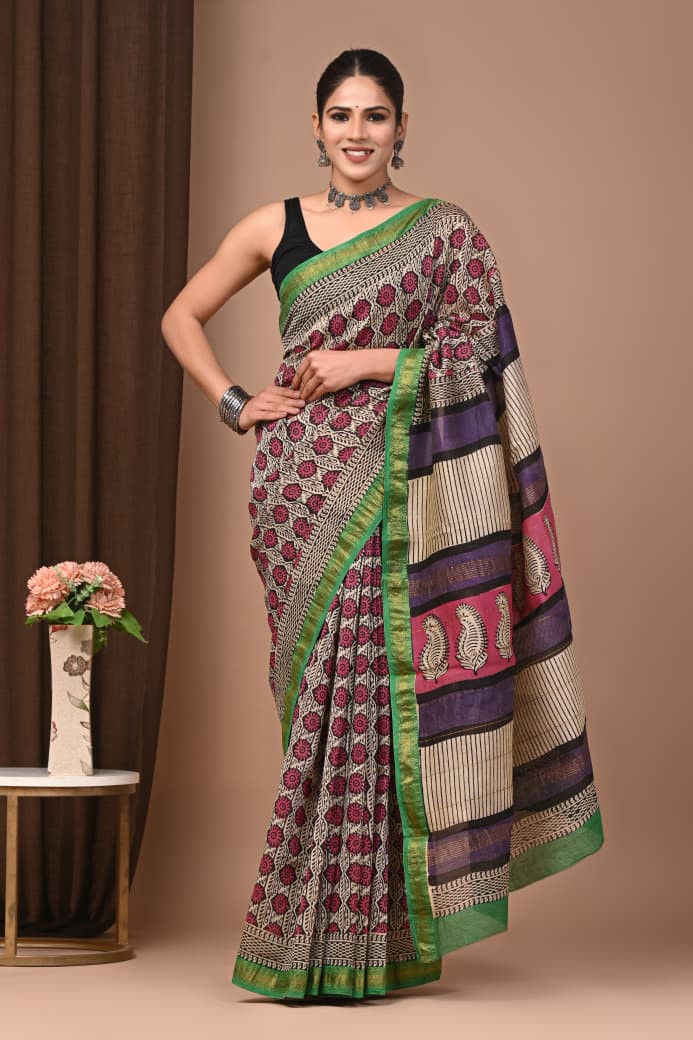 Pink and Cream Maheshwari Silk Saree with a Green Border and Hand Block Print.