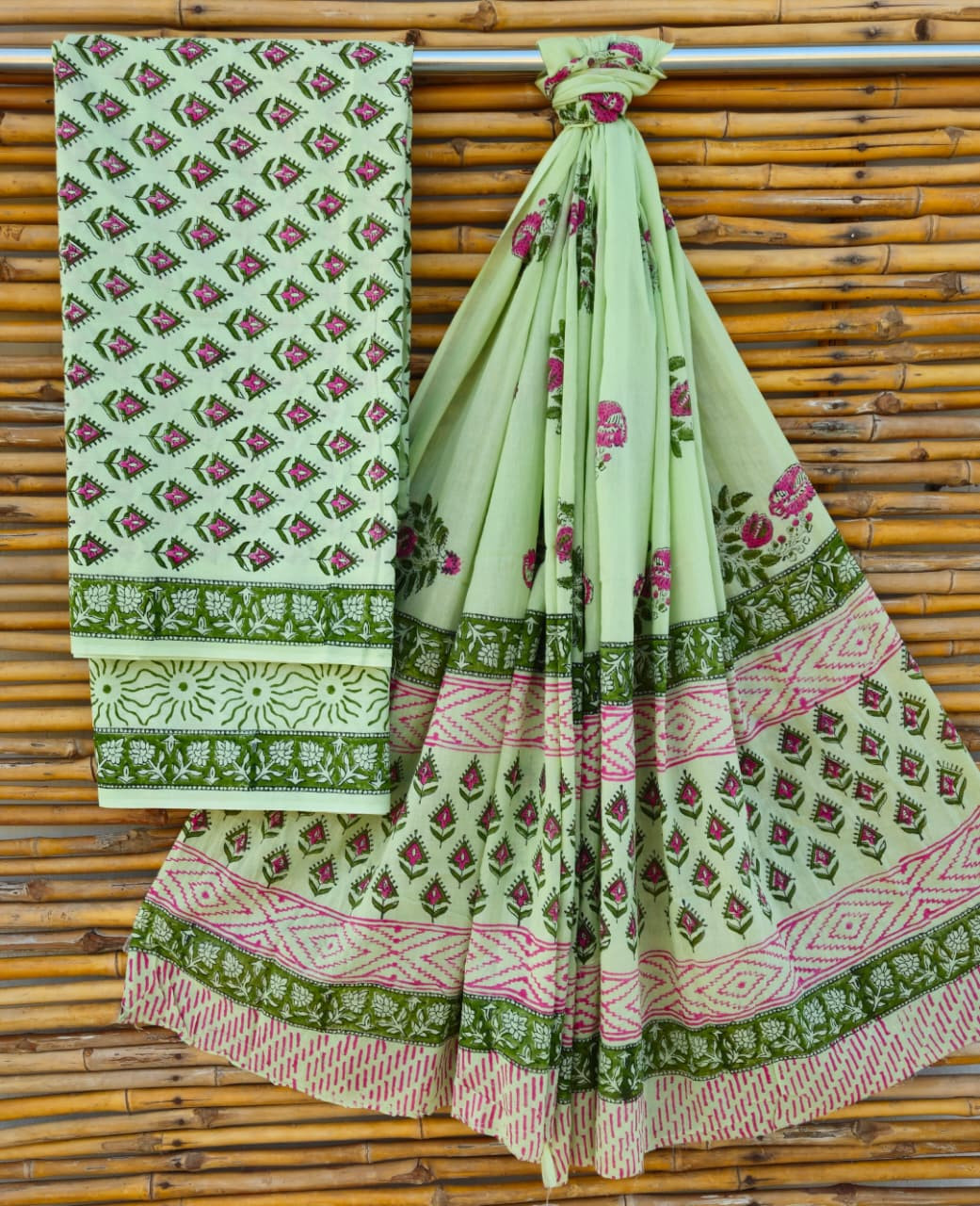 Elegant Mint Green Hand Block Print Cotton Suit Set