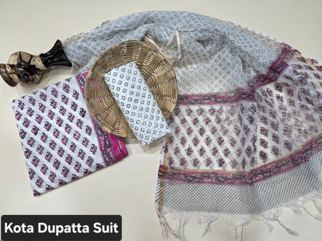 White & Magenta Floral Hand Block Print Cotton Suit with a sheer Kota Doria Dupatta.