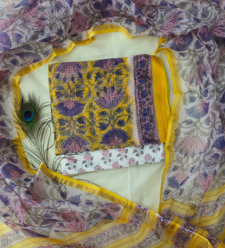 Yellow and Purple Floral Handblock Printed Cotton Kota Doria  Suit 2.5m top & dupatta and 2.5m cotton cambric bottom
