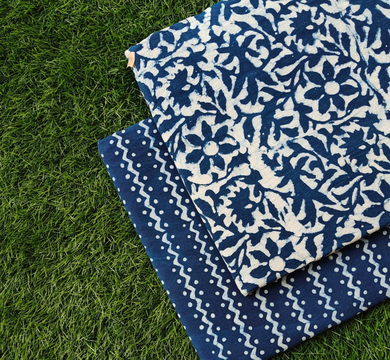 Indigo Blue Leaf & Stripe Dabu Bagru Hand Block Print Cotton (60/60) Cambric Unstitched Suit Material (Top 2.50 MTR + Bottom 2.50 MTR)