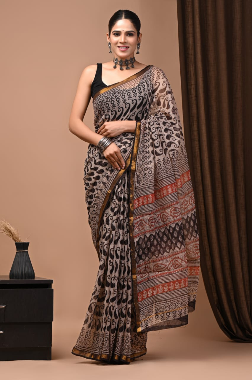 Beige & Black Kota Doria Saree Handmade Dabu/Bagru Hand Block Printed