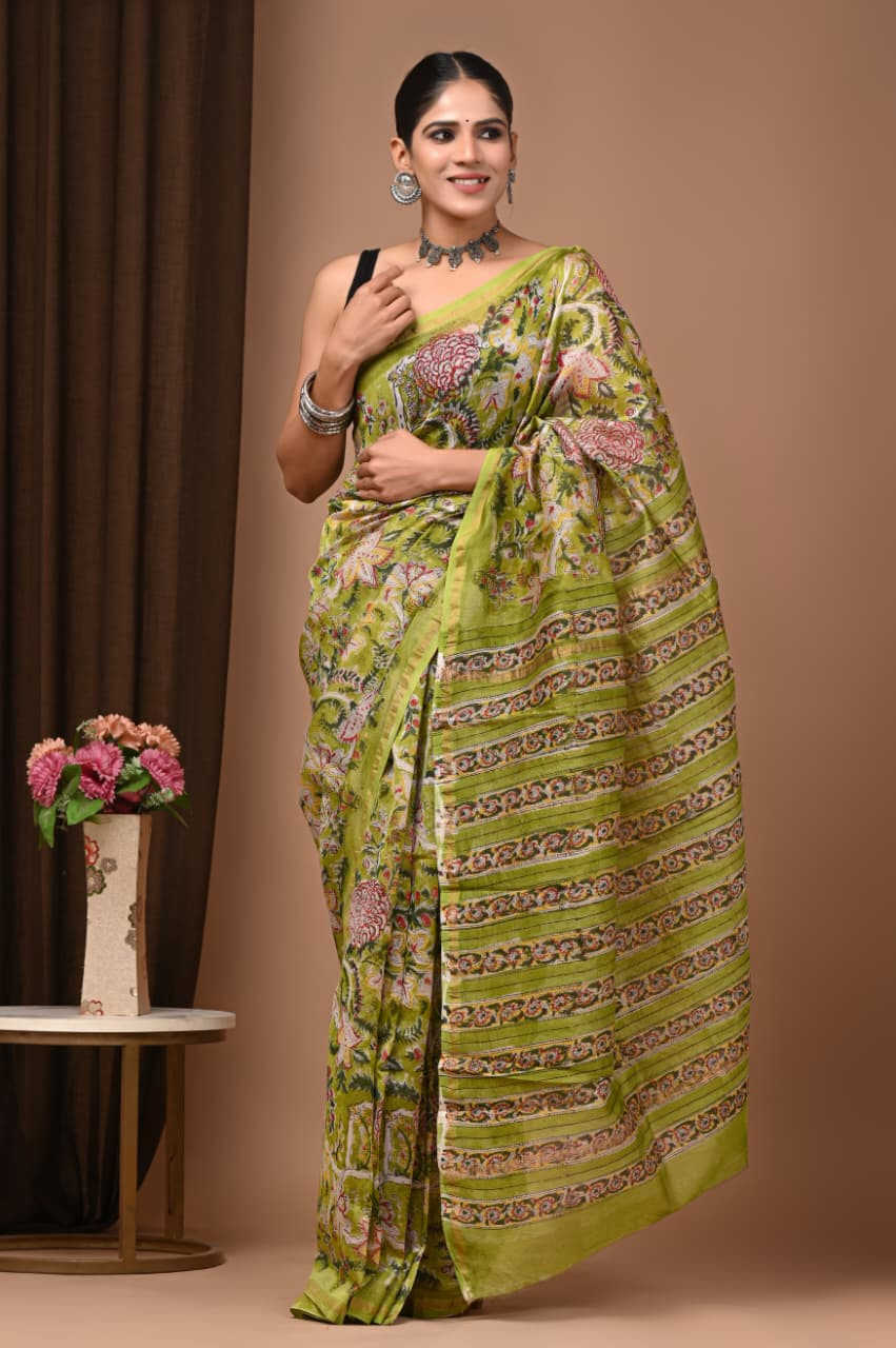 Green Hand Block Printed Traditional Silk Saree with Blouse: Natural Dyes & Colors