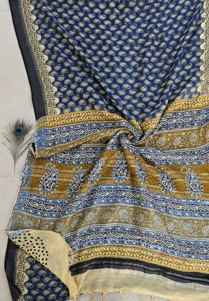 Handblock  Blouse, Length- 6.5 mtr, (Color-Marron And White)