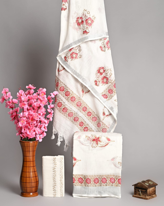 White and Pink Hand Block Printed Linen Unstitched Suit Set