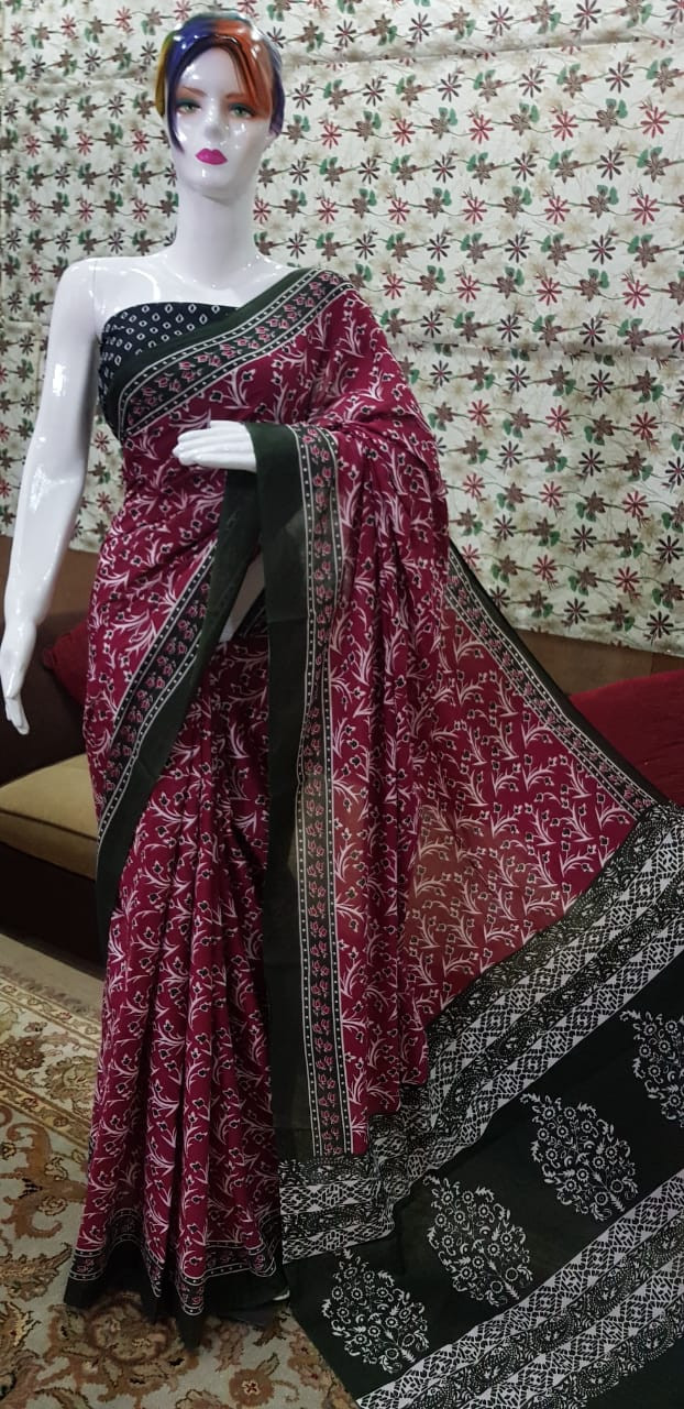 Deep Maroon Cotton Saree with Intricate White Botanical Prints and Forest Green Borders.