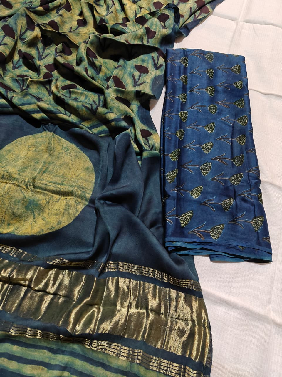 Indigo Blue Leaf & Striped Hand-Block Print Chanderi/Cotton Saree