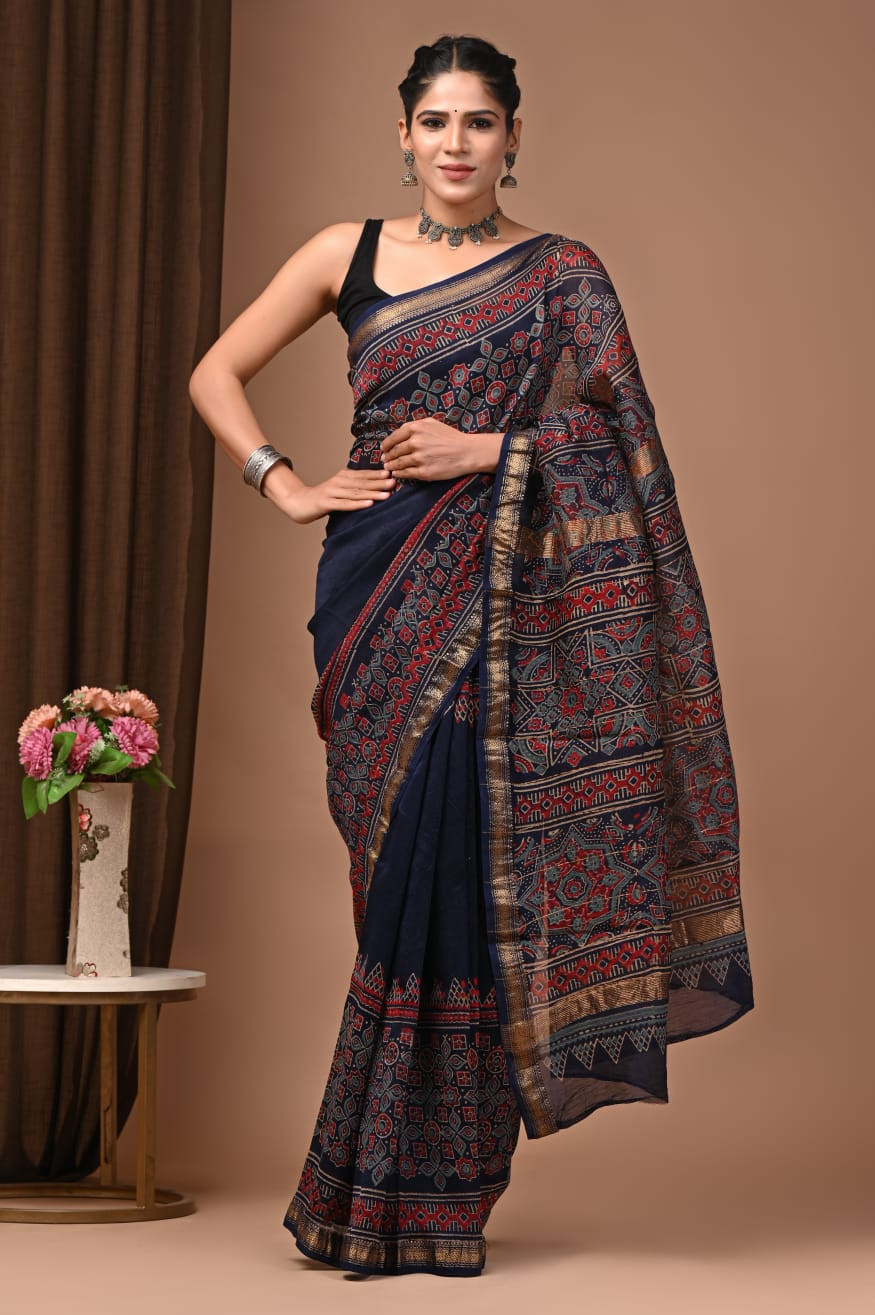 Navy Blue and Red Maheshwari Silk Saree with a Gold Zari Border and Hand Block Print/Ajrakh Print.