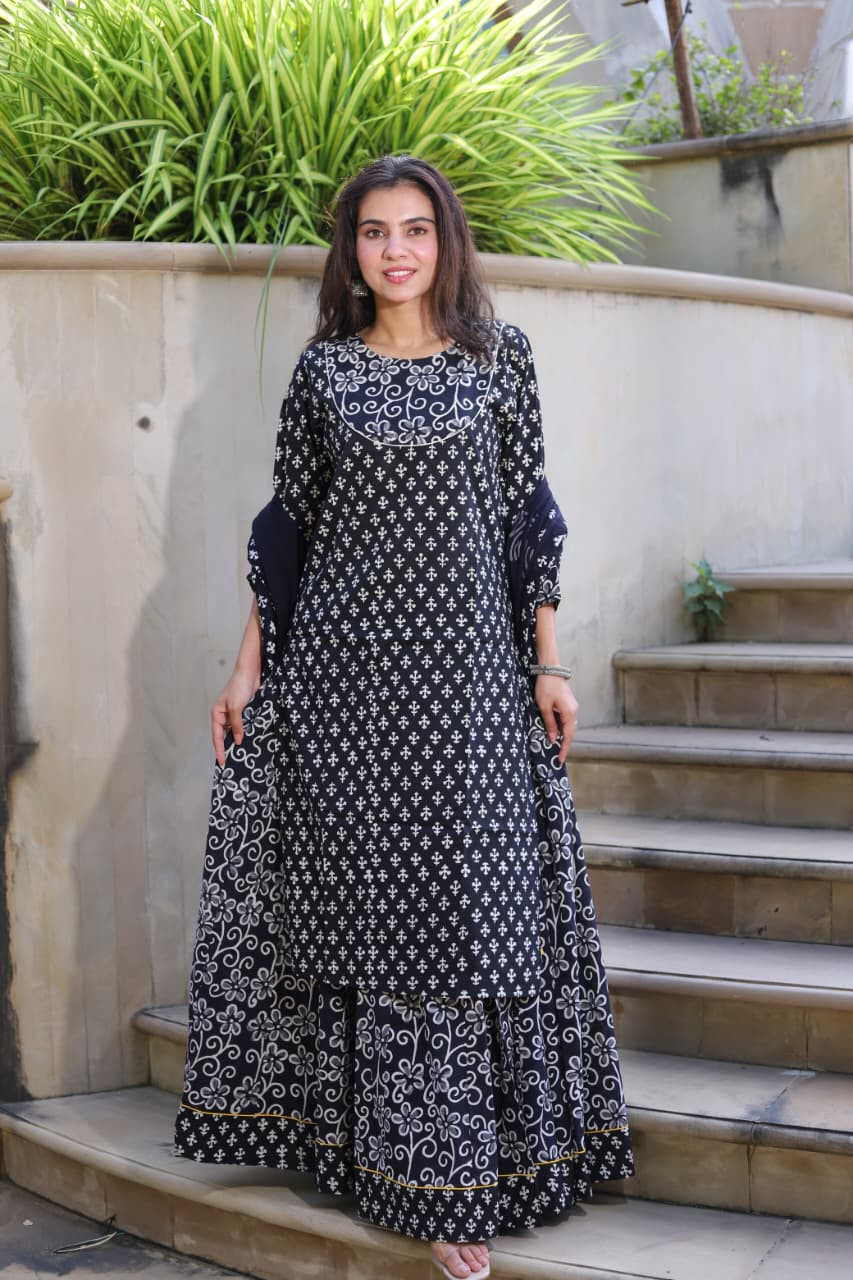 Black and Off-White Dabu Hand-Block Printed Cotton Anarkali Kurta Set with Dupatta