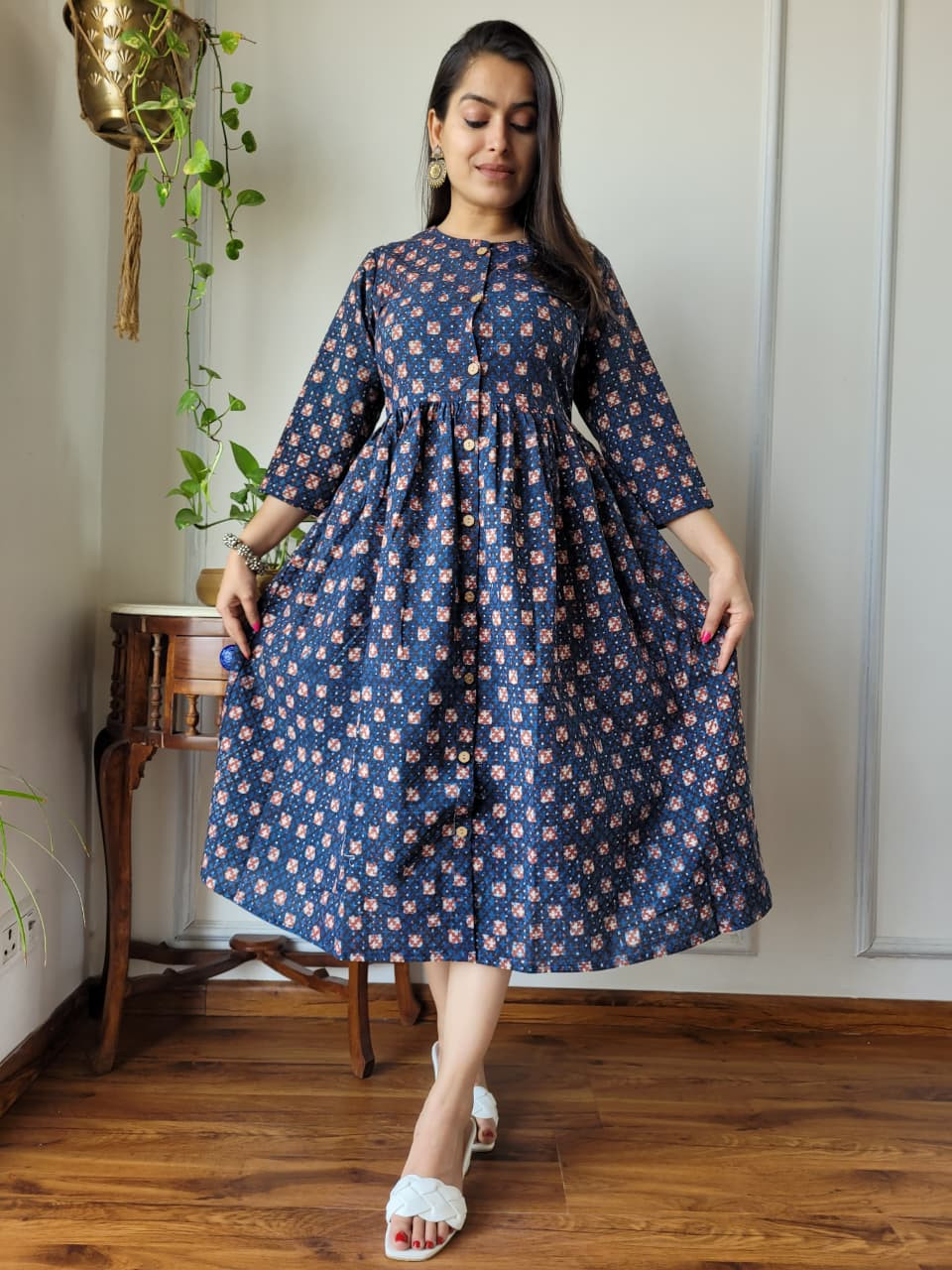 Navy Blue and Pink/White Floral Print CottonOne Piece Dress