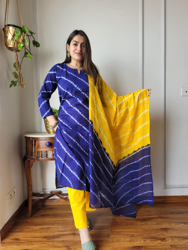 Indigo Blue & Mustard Yellow Cotton Tie-Dye Suit Set
