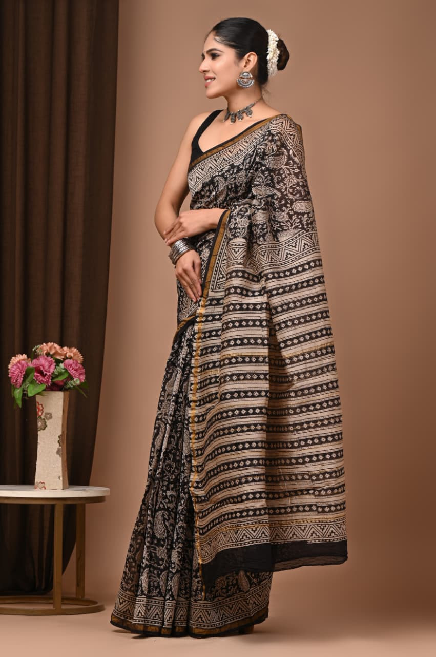 Black and White Hand Block Printed Traditional Silk Saree with Blouse: Natural Dyes & Colors
