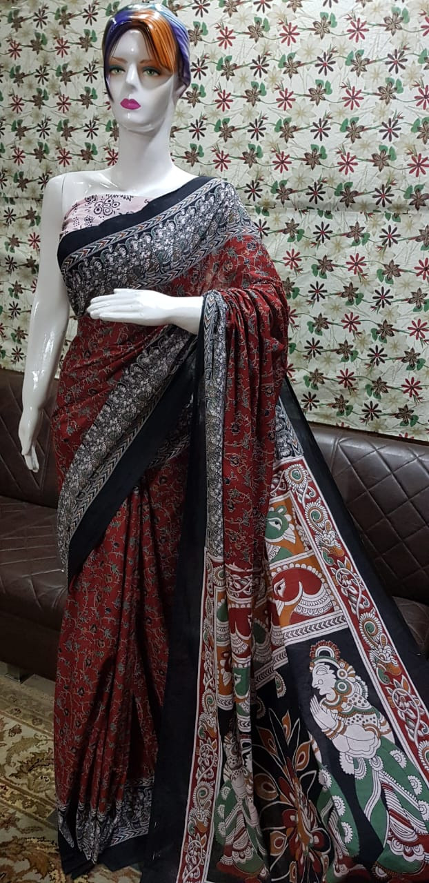 Maroon and Black Kalamkari Saree featuring dense floral patterns and traditional mythological figures.