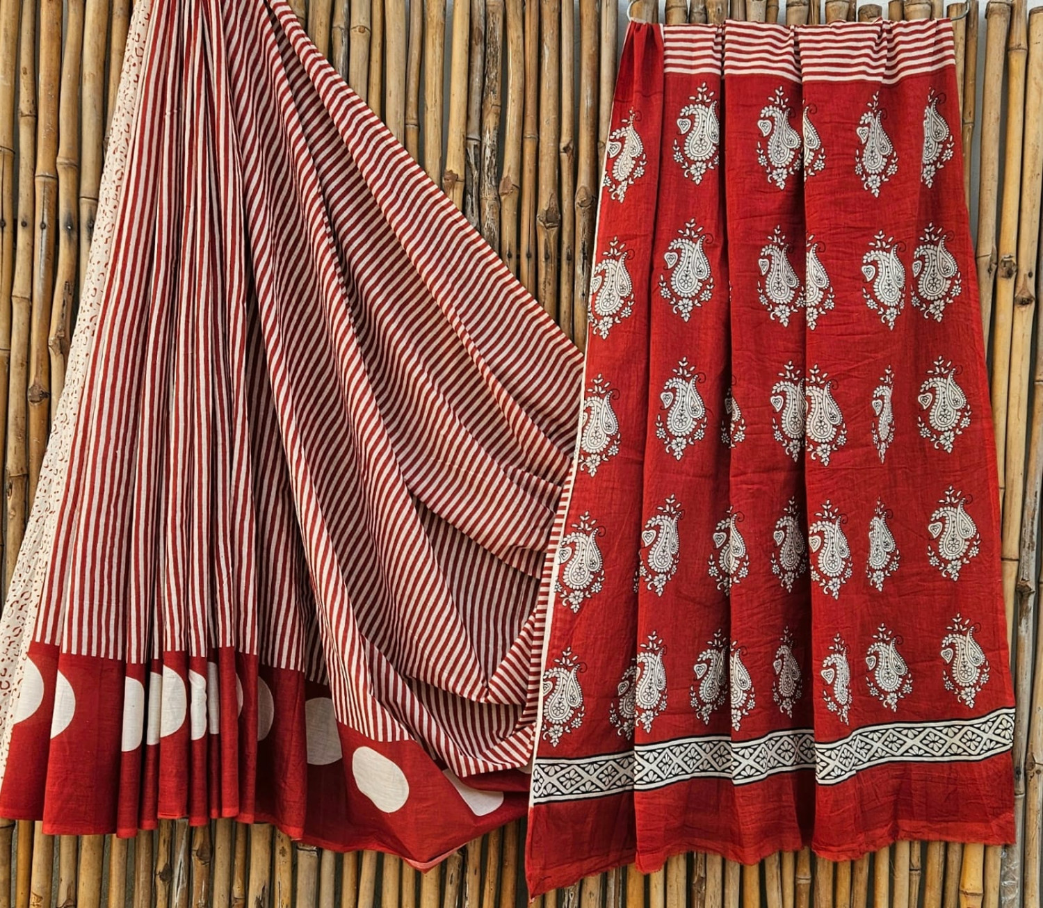 Red & White Geometric & Paisley Hand-Block Printed Mulmul Cotton Saree with Blouse (6.5 Meters, 92*80, 100% Pure Cotton Fabric)