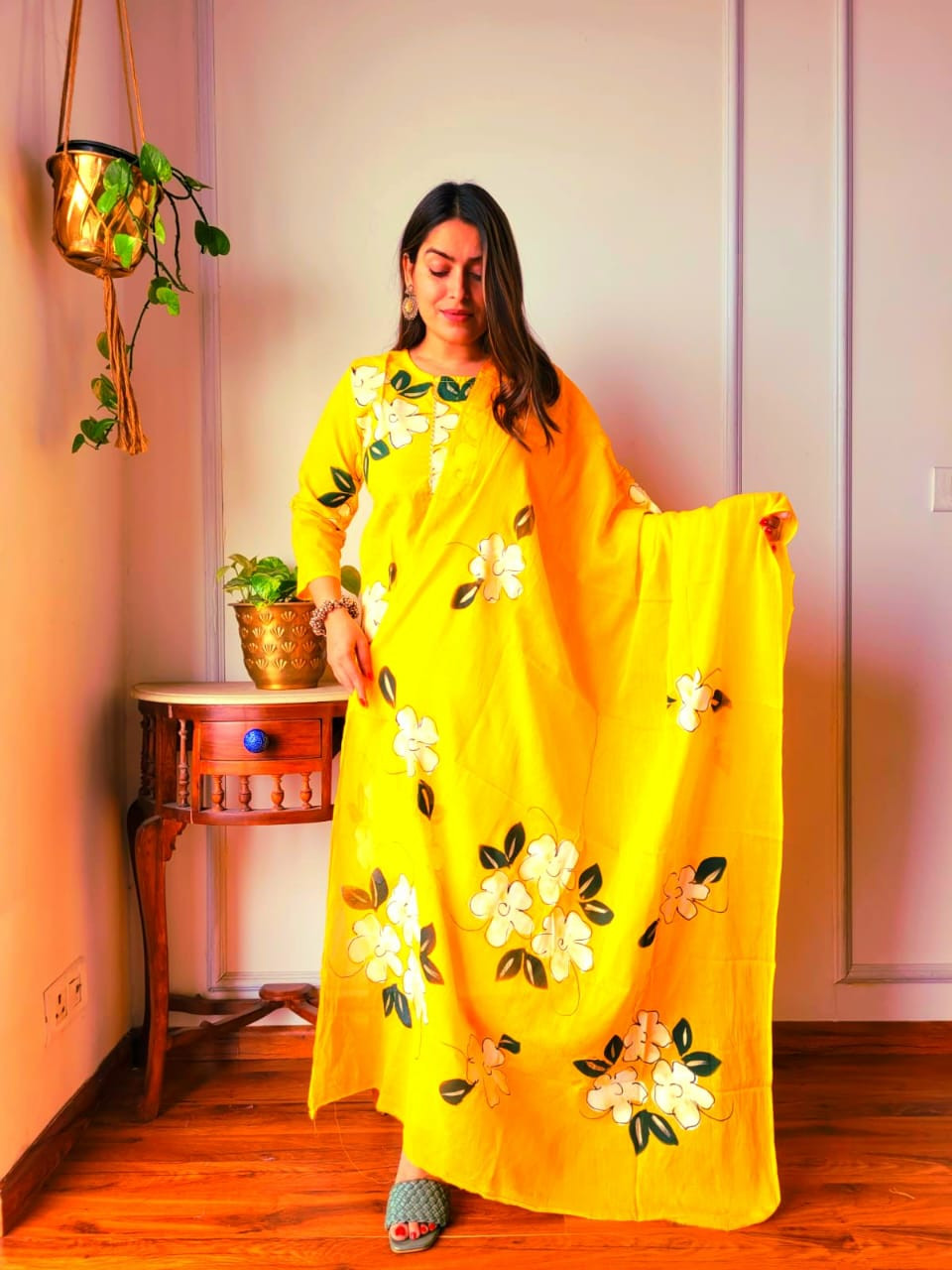 Yellow & White Hand-Painted Cotton Suit Set