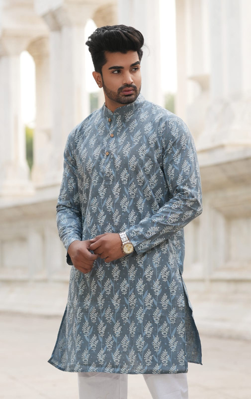 Grey-Blue Ethnic Leaf Motif Cotton Kurta