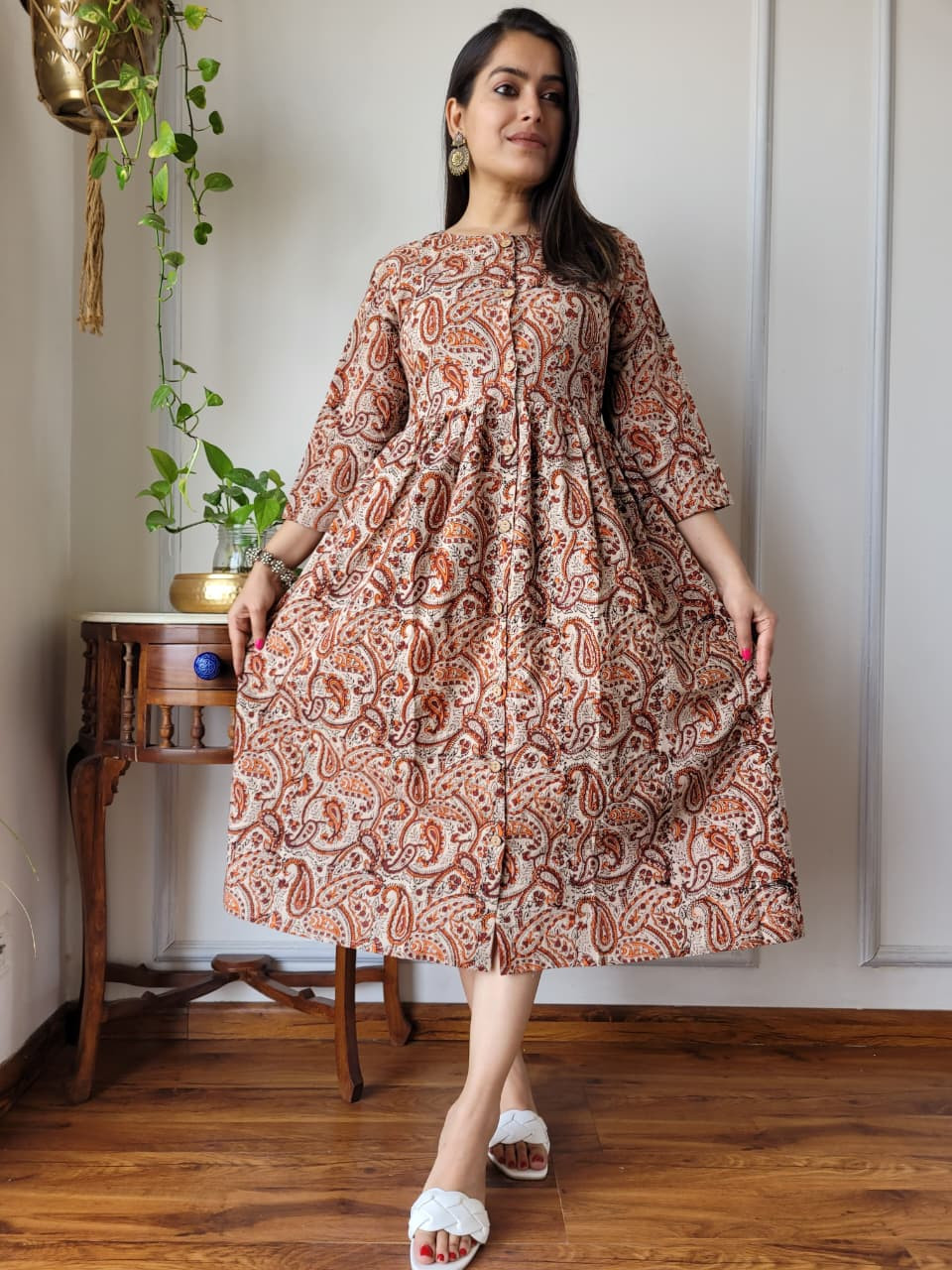 beige and rust orange paisley print cotton One piece dress